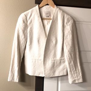 White textured open front blazer